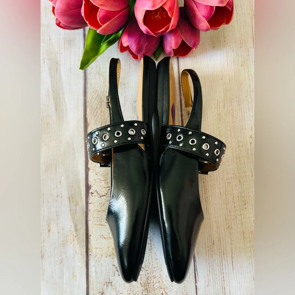 SODA Black Patent Leather Slingback Mary Jane Buckle Grommet Round Toe Flats